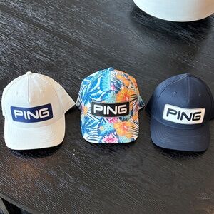 Three (3) PING Snap Back Hat Trio — White, Floral Multicolor & Navy